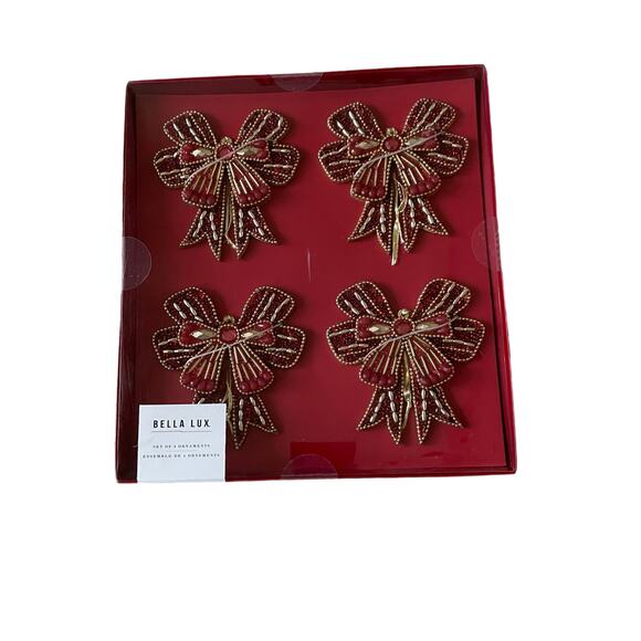 Sugarplum Dreams Beaded Bow Ornaments Set of 4 Holiday Red & Gold Glam New - Picture 10 of 13